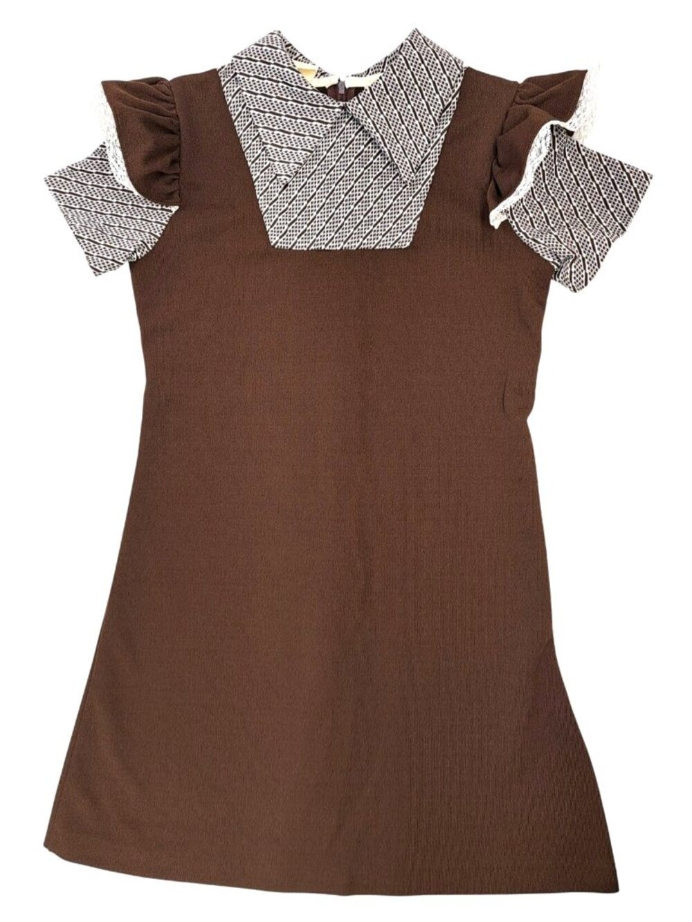 Vintage Girl Dress Polyester Brown Size 12 Lace Trimmed Sleeves Geometric Collar - Picture 3 of 10